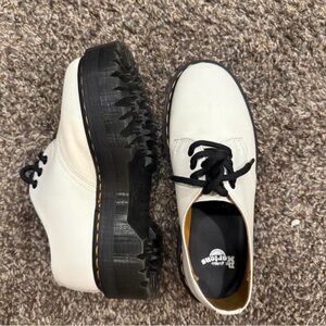Dr. Martens White Leather Lace-Up Platform Oxfords with Black Lug Sole